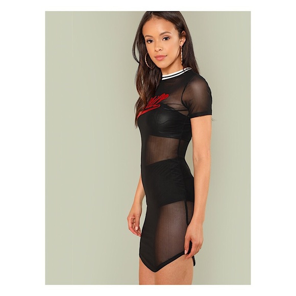 Striped Neck Letter Mesh Dress...Sz: Small...Black - Picture 3 of 6